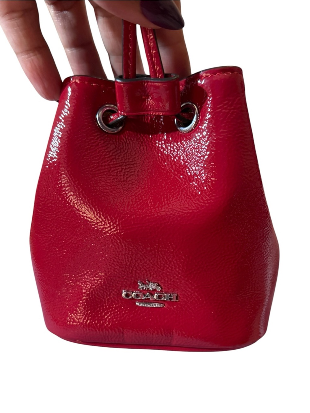 Coach Drawstring Wristlet Pouch Bag in Red Patent Leather with Silver, CZ028 - Picture 5 of 15